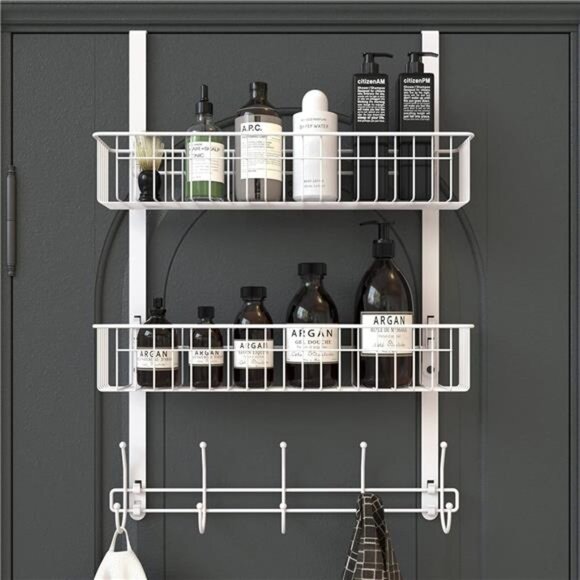 Over Door Hooks Organizer Towel Rack Coat Hanger 10 Hooks 2 Mesh Baskets White - Picture 1 of 7